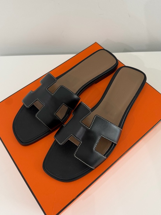 Hermes Shoes - Hermes Black Leather Oran Slide Sandals